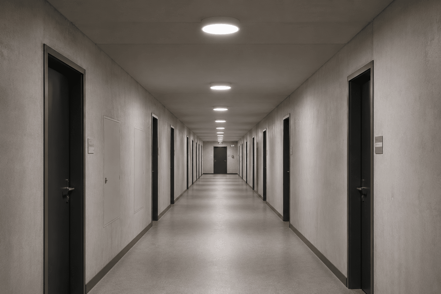 Flur in einem Zweckgebäude mit SFERIQ-DISK-Allgemeinbeleuchtung