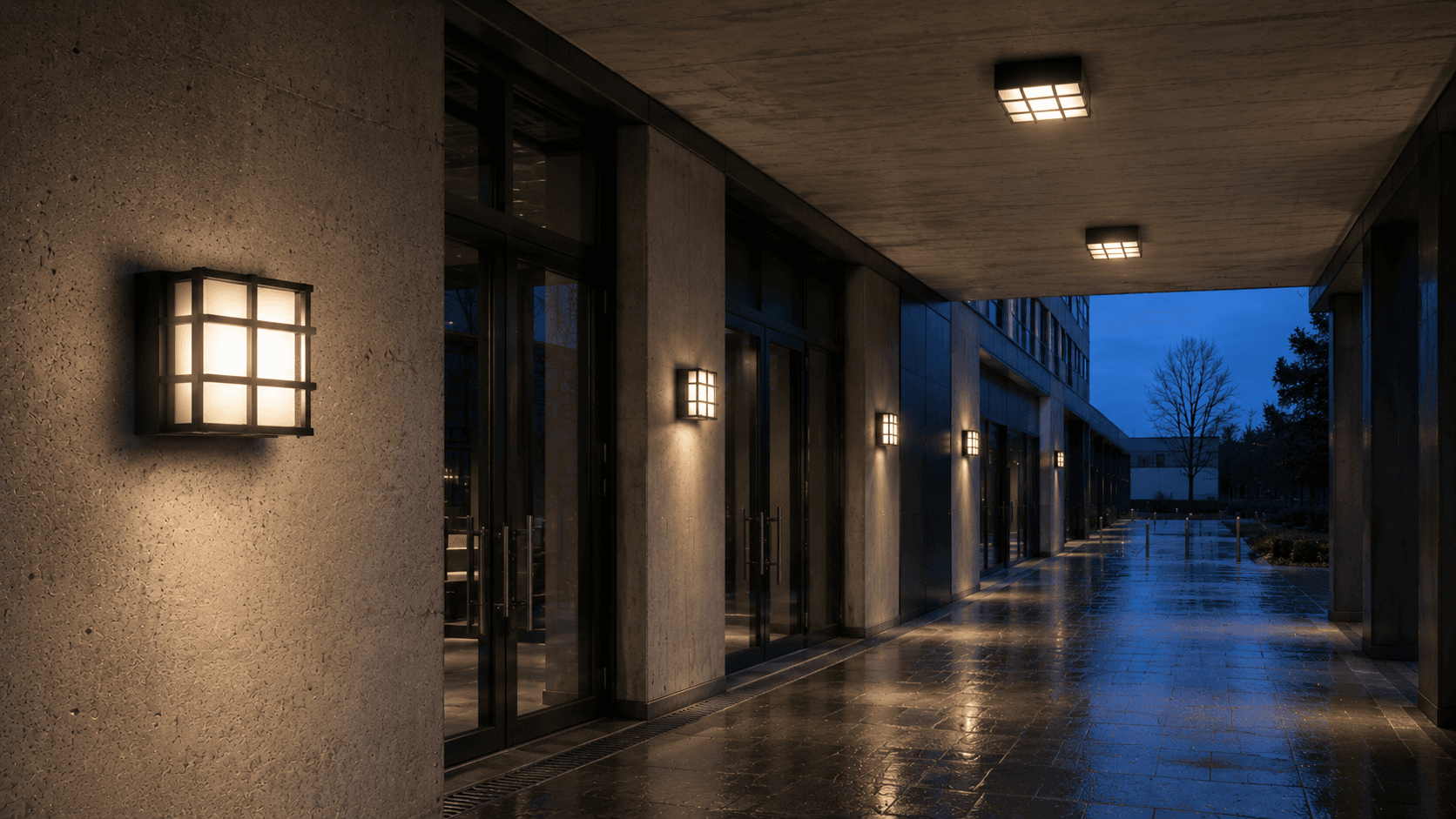 Außenbereich mit AURO NEXT — IP65/IK10 Aludruckguss-Leuchte an Fassade