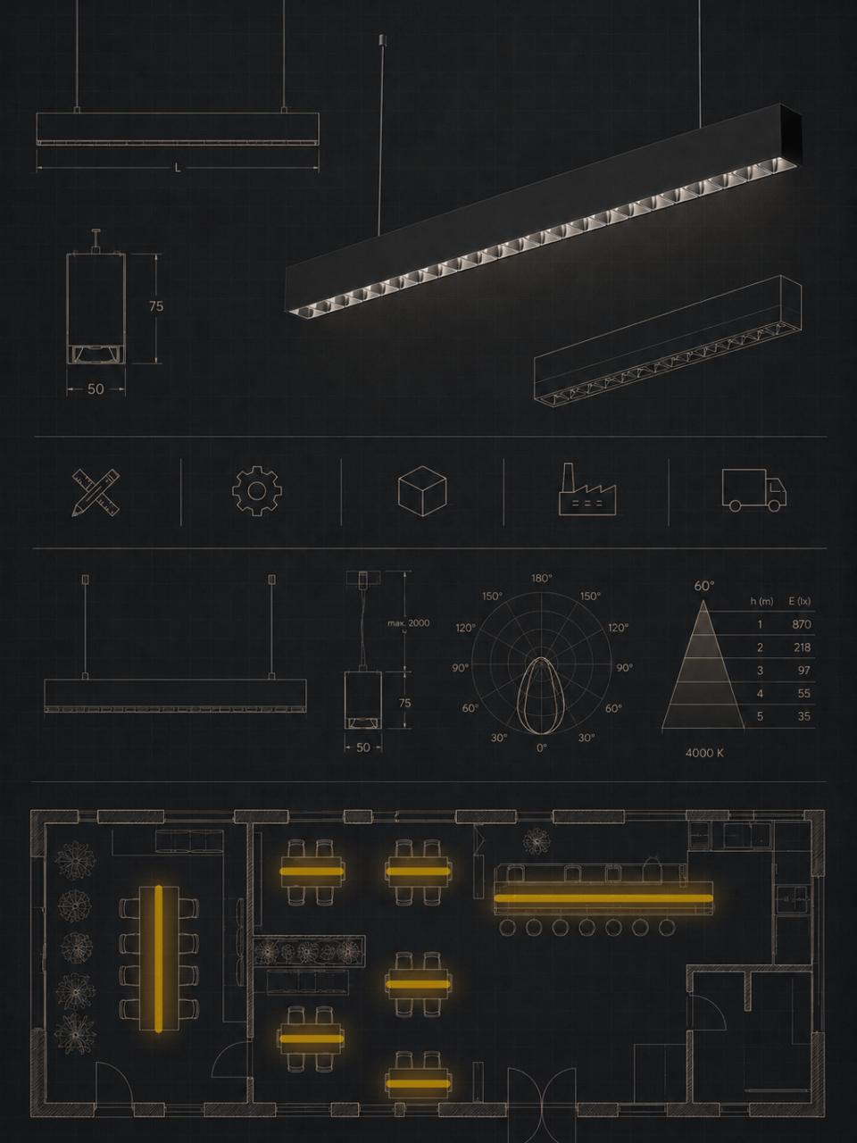 Gewerklicht-Projektdokumentation, Details einer Linearleuchte, Konstruktions- und Fertigungsicons, Photometrie und Restaurant-Grundriss mit Platzierung
