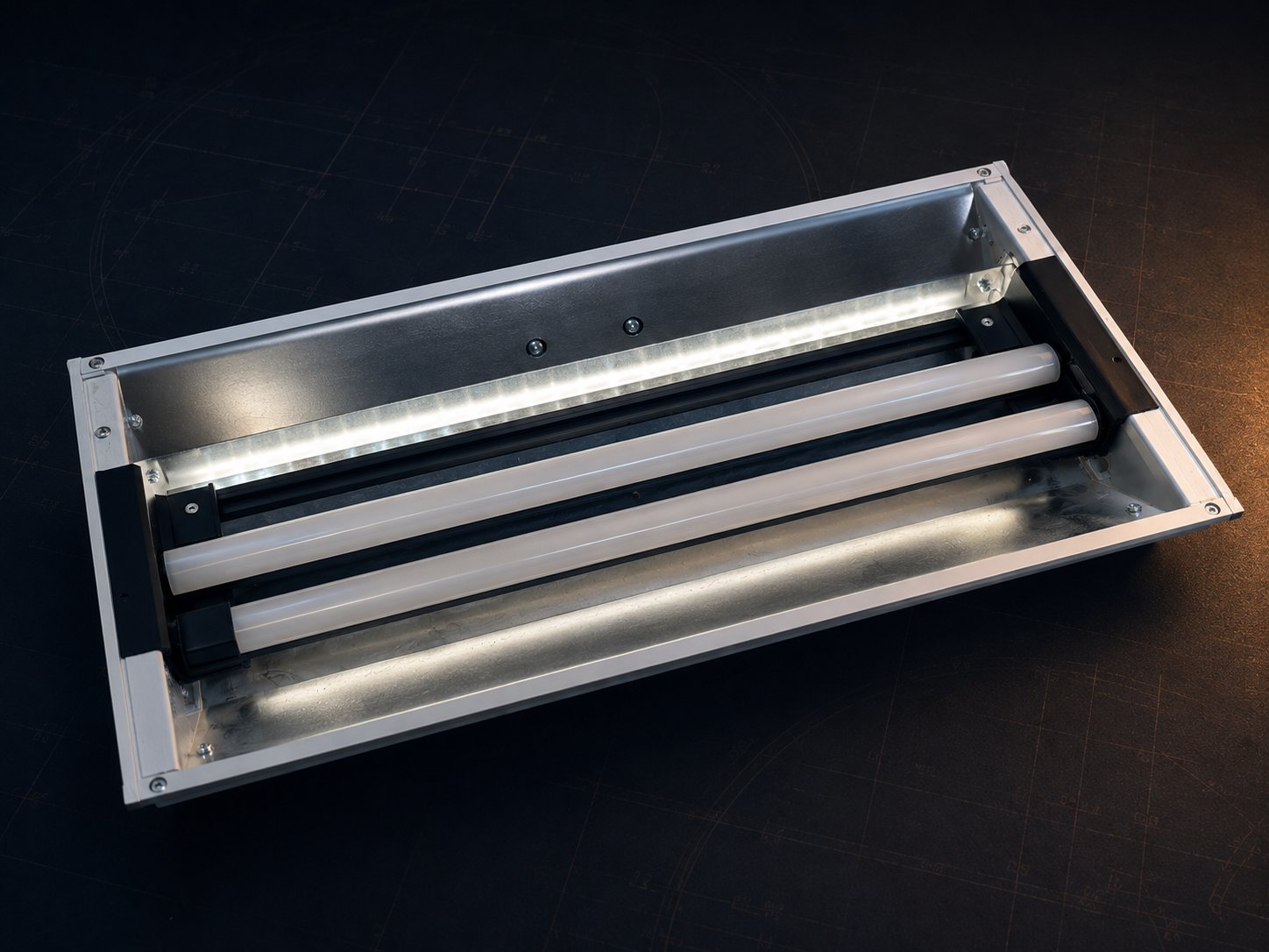 Rechteckiger Bestandskorpus mit LED-Modul auf Reflektor während der Sanierung