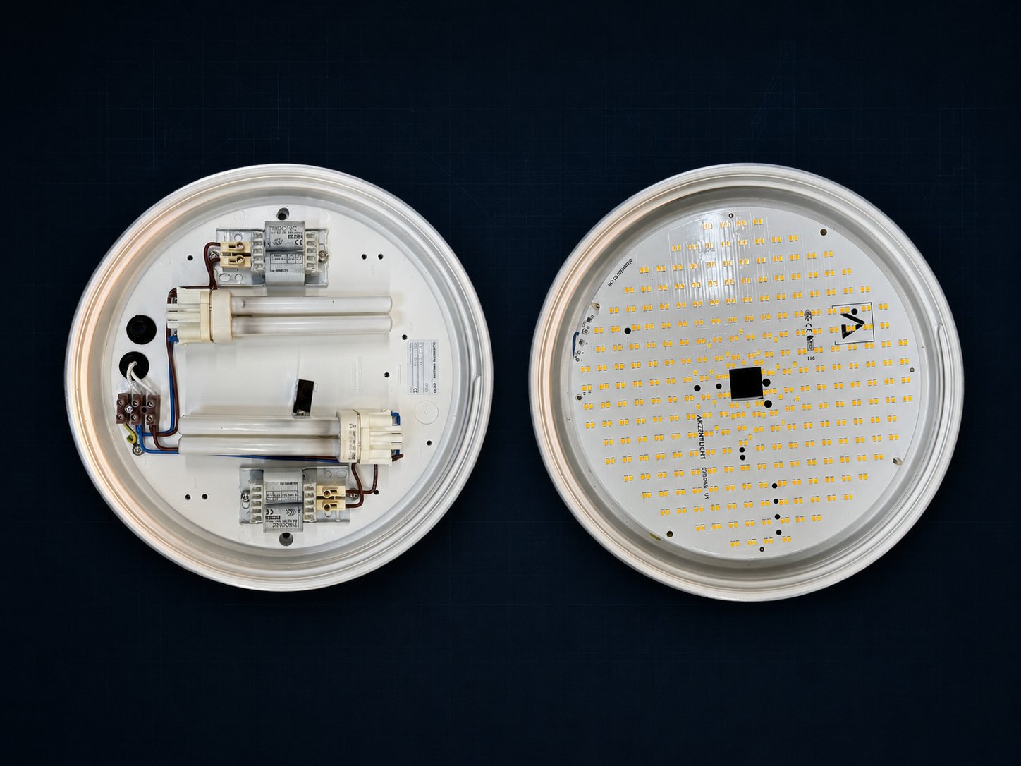 Quadratische Einbauleuchte: links mit Spots, rechts mit LED-Panel