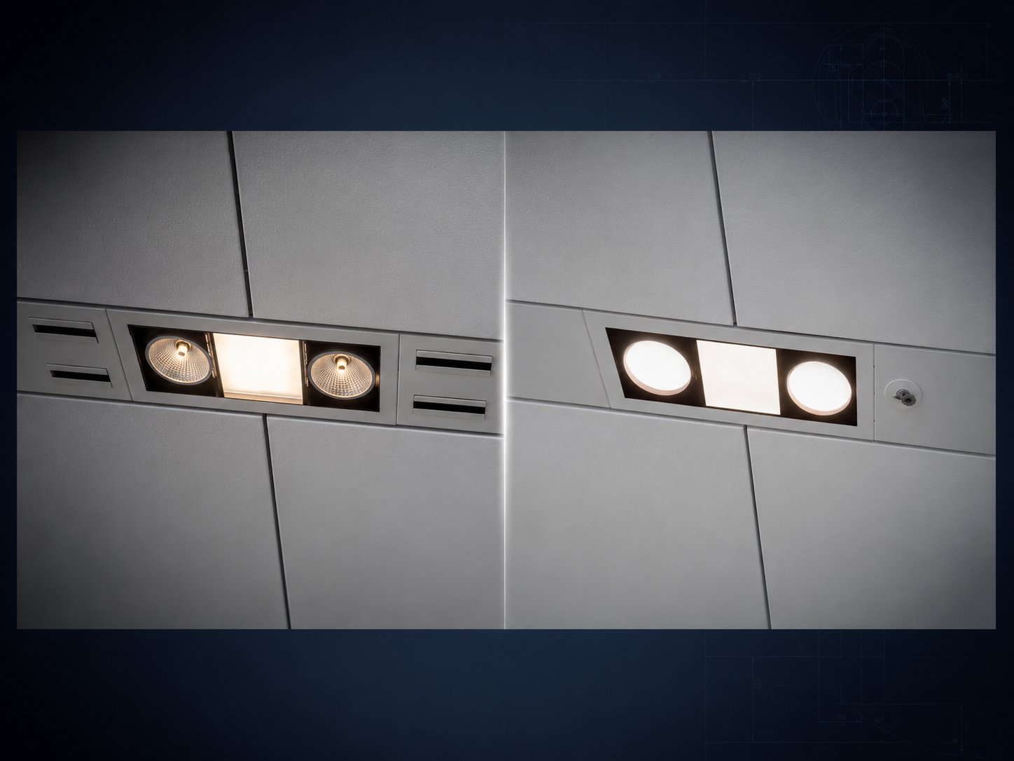 Decken-Einbau-Spots: links Bestand, rechts saniert mit LED