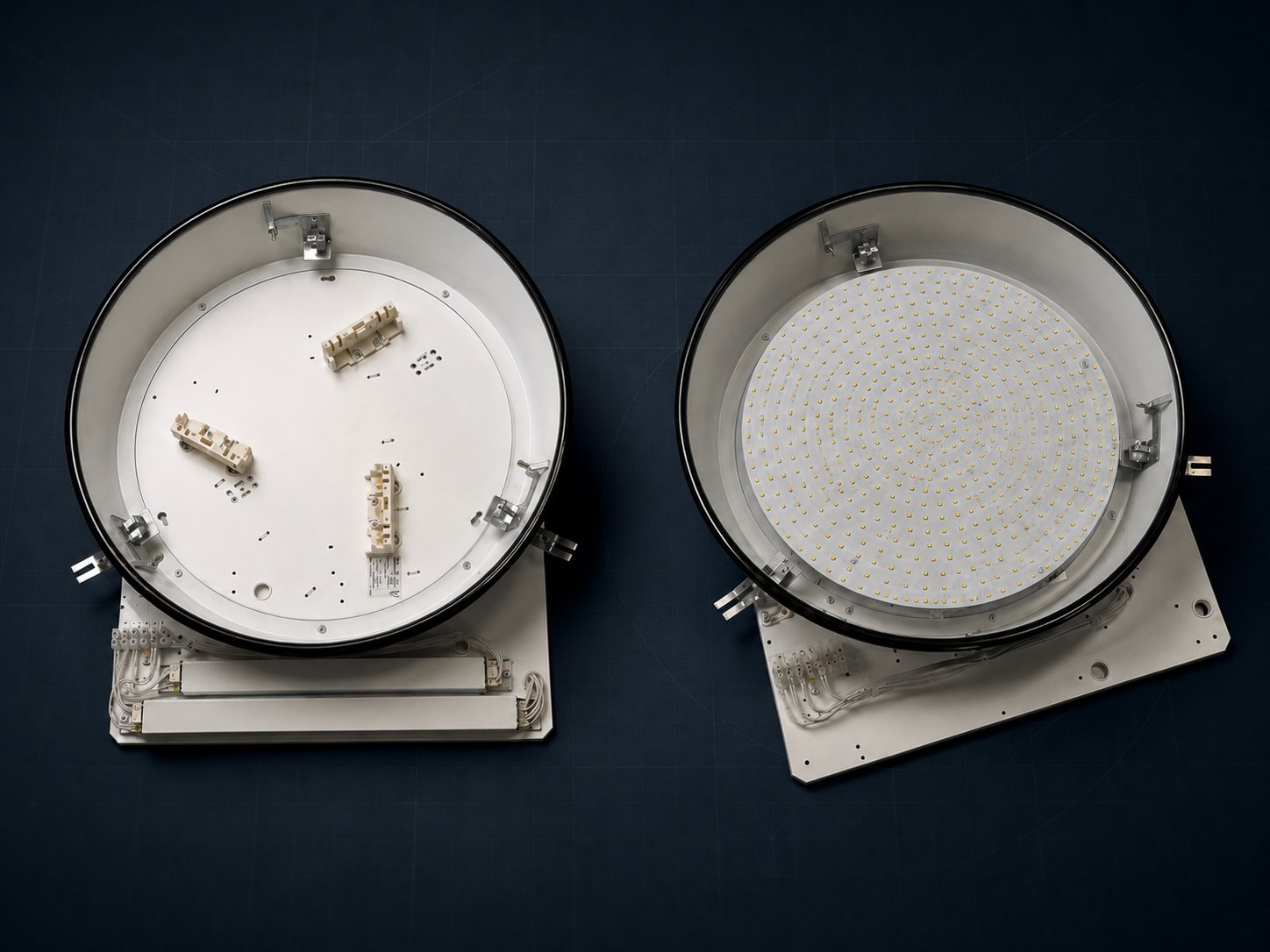Tiefstrahler-Reflektor: links leerer Bestand, rechts mit LED-Platine bestückt