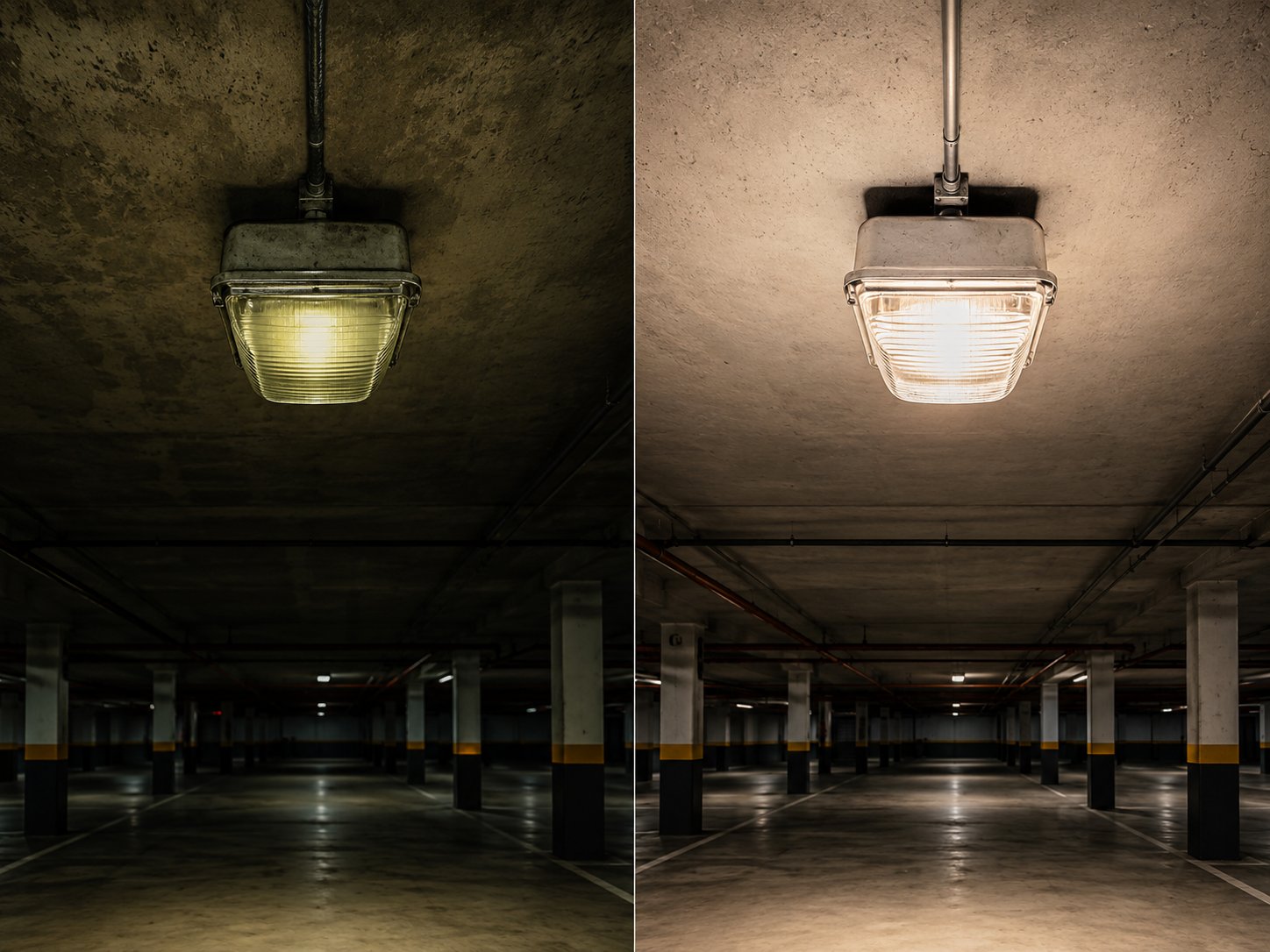 REVIVE Vorher/Nachher: Bürohochhaus Mönchengladbach — links Bestand mit HQL-Beleuchtung, rechts mit sanierter REVIVE LED-Technik